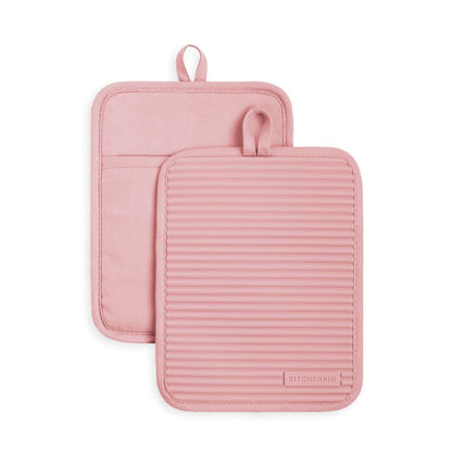 KITCHENAID Ribbed Soft Silicone Pot Holder 2-Pack Set, Matte Black, 7"x9"