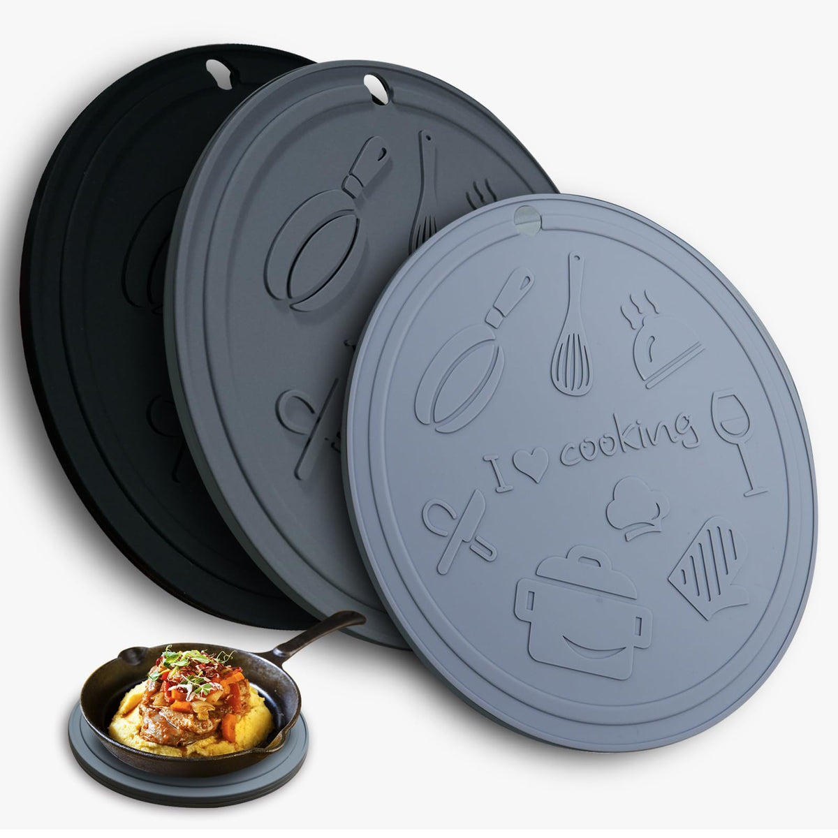 Silicone Trivet Mats - 3 Heat Resistant Pot Holders, Non-Slip Hot Pads for Kitchen, Food Grade Silicone, BPA Free, Easy to Wash (Black Gray)