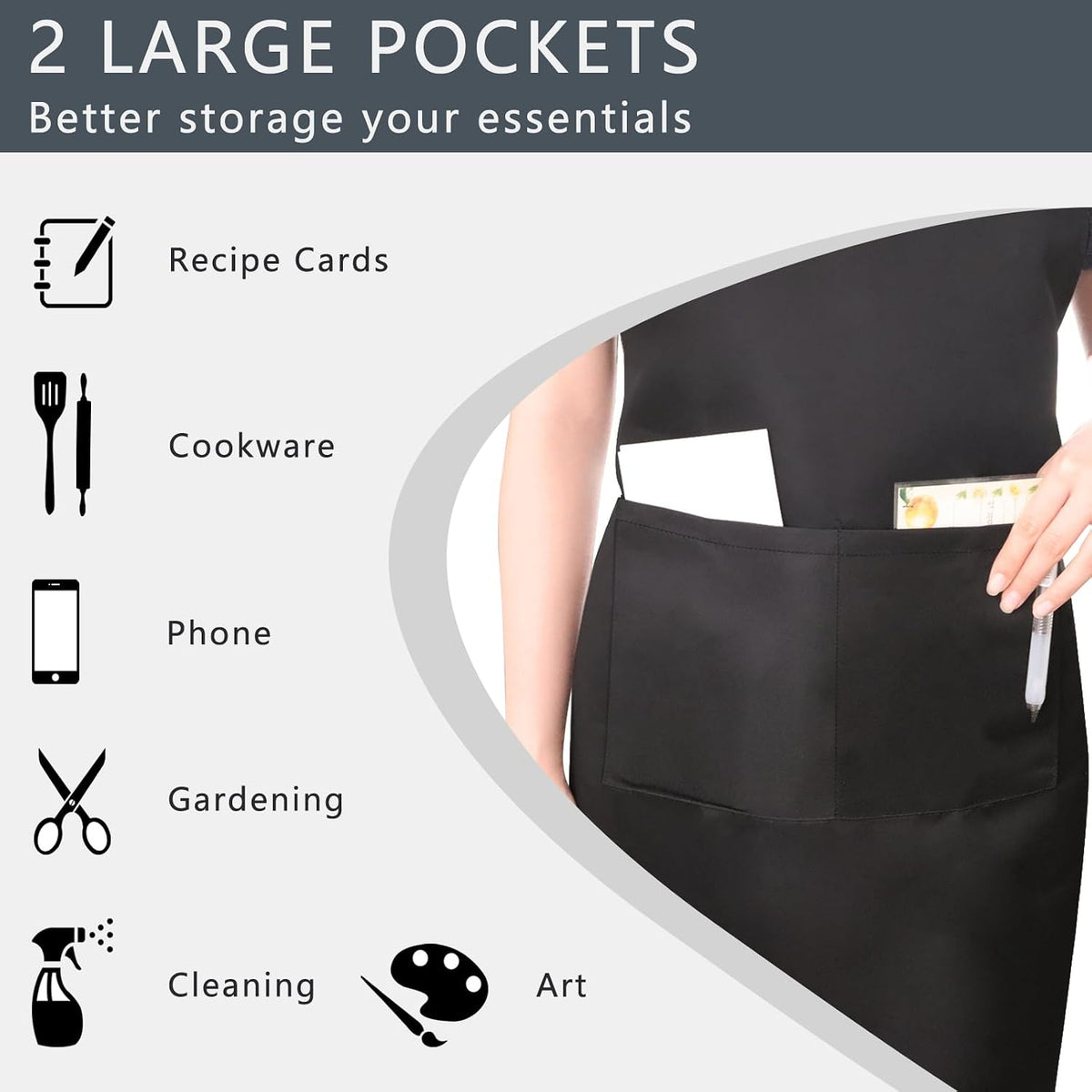 Black Bib Apron, Adjustable Apron with 2 Pockets, Unisex Aprons for Chefs and Home Kitchen