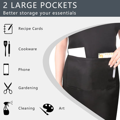 Black Bib Apron, Adjustable Apron with 2 Pockets, Unisex Aprons for Chefs and Home Kitchen
