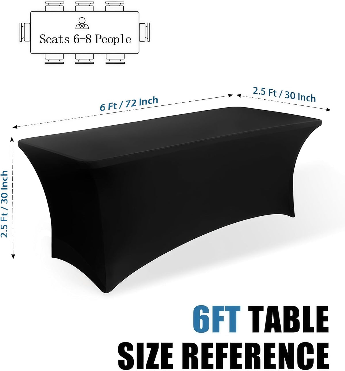 6FT Black Table Cloth - 2 Pack Fitted Stretch Rectangle Spandex Tablecloth, Washable Table Cover for Party, Picnic, Wedding, Banquet, Birthday and Festival(30" x 72")