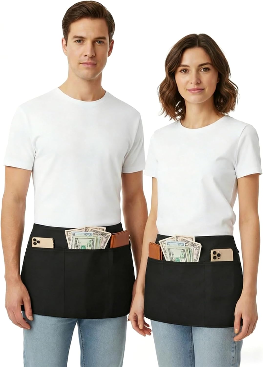 BOHARERS Waist Apron with 3 Pockets - Black Waitress Waiter Server Short Aprons