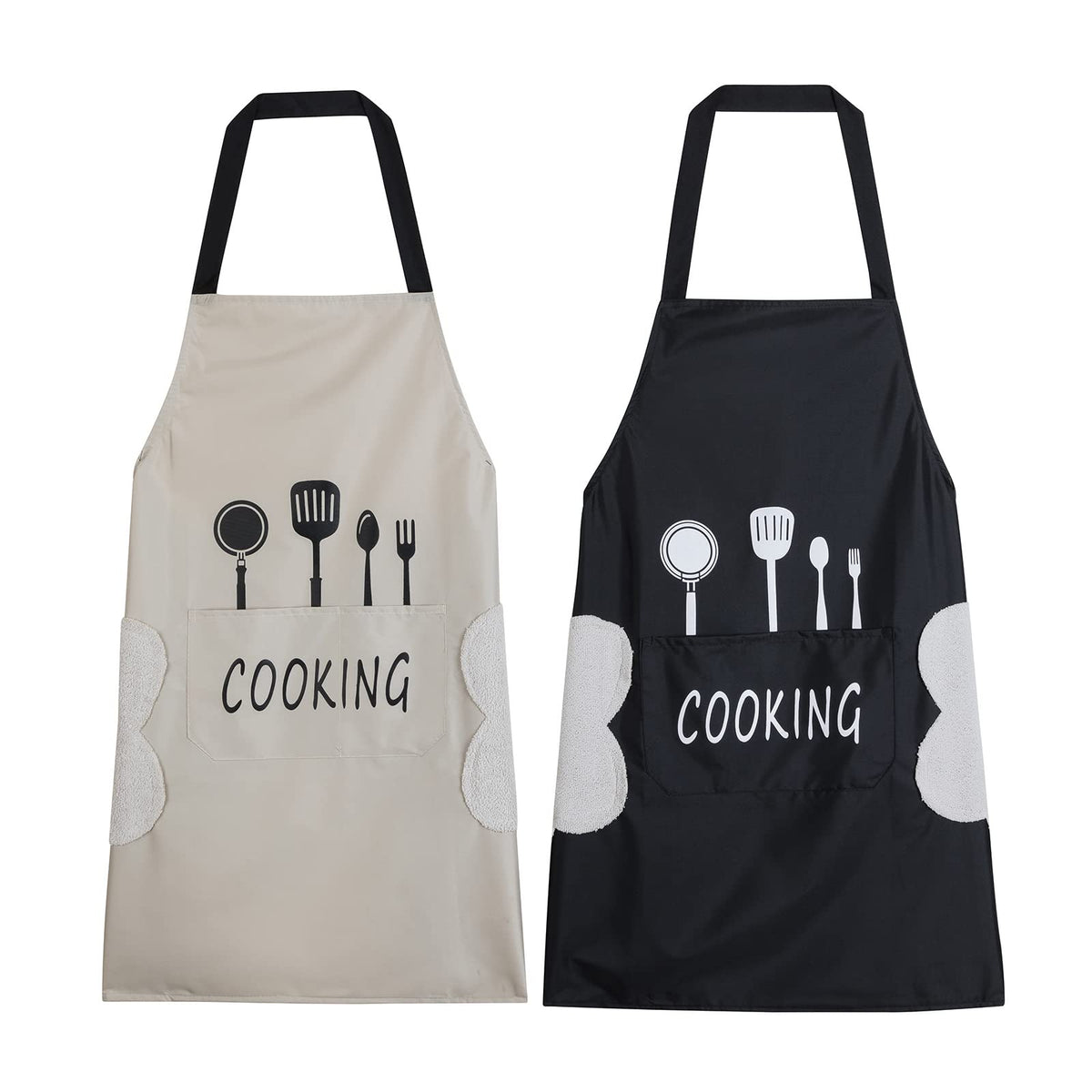 2 Pack Kitchen Apron with Hand Wipe,Water-drop Resistant with 2 Pockets Cooking Bib Aprons for Women Men Chef