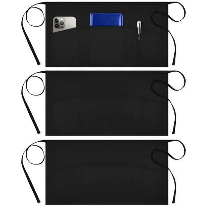 Syntus 3 Pack Cotton Server Apron with Pockets for Women, Black Waist Apron