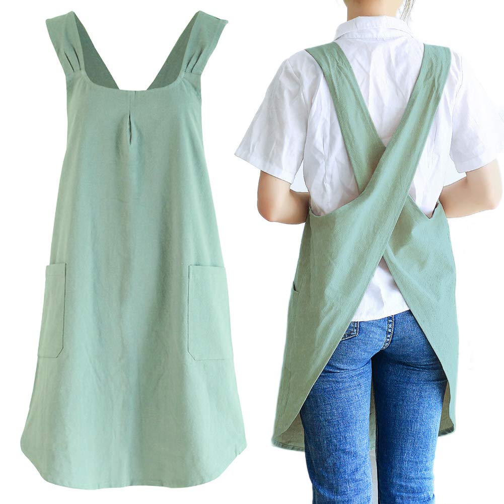 NEWGEM Japanese Cotton Linen Cross Back Cooking Apron for Women Men with Pockets Cute for Baking Kitchen