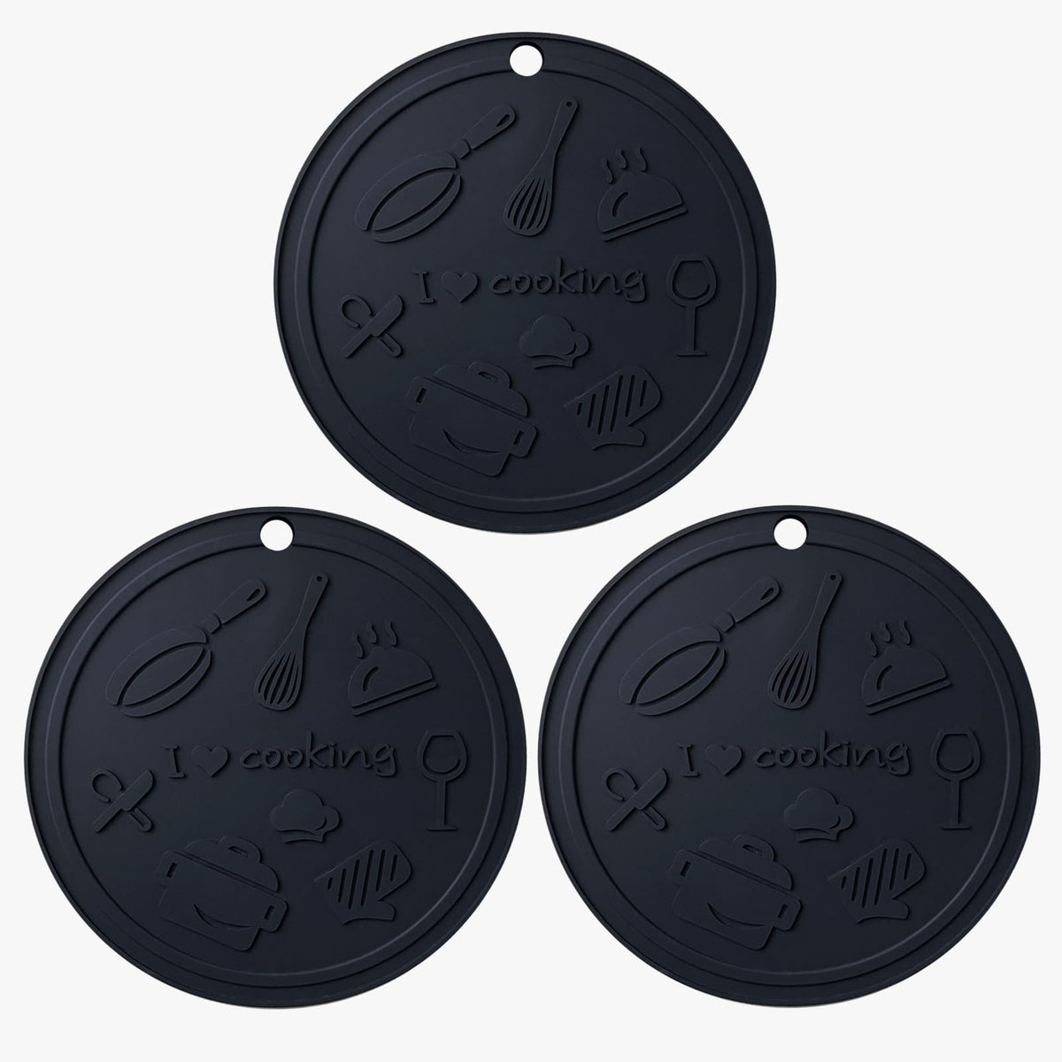 Silicone Trivet Mats - 3 Heat Resistant Pot Holders, Non-Slip Hot Pads for Kitchen, Food Grade Silicone, BPA Free, Easy to Wash (Black Gray)
