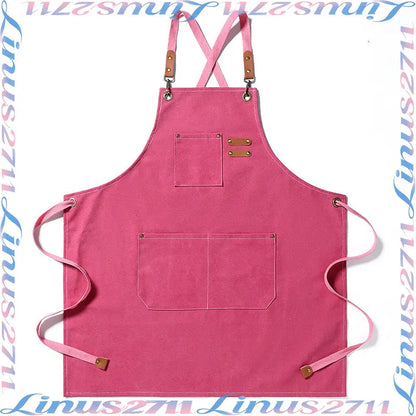 Cotton Canvas Cross Back Work Apron Leather Adjustable Strap Multi Pocket Oil Resistant Kitchen Coffee Shop Gardening Artist Unisex Custom Logo Blank Apron