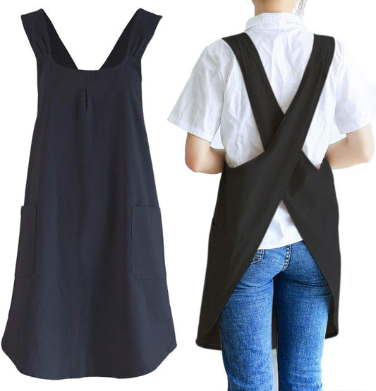 NEWGEM Japanese Cotton Linen Cross Back Cooking Apron for Women Men with Pockets Cute for Baking Kitchen