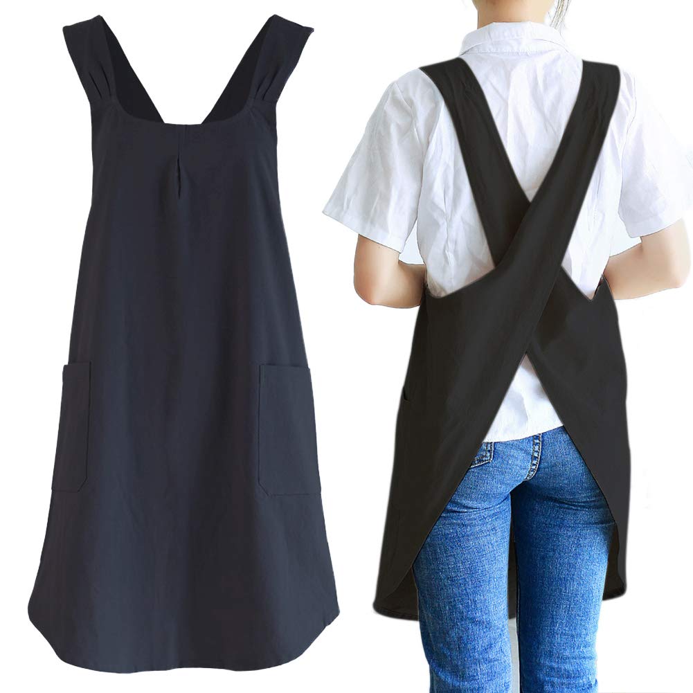 NEWGEM Japanese Cotton Linen Cross Back Cooking Apron for Women Men with Pockets Cute for Baking Kitchen