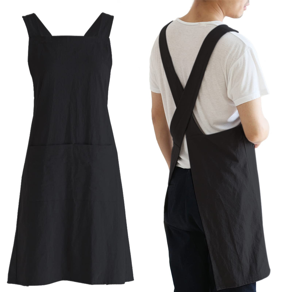 NEWGEM Japanese Cotton Linen Cross Back Cooking Apron for Women Men with Pockets Cute for Baking Kitchen