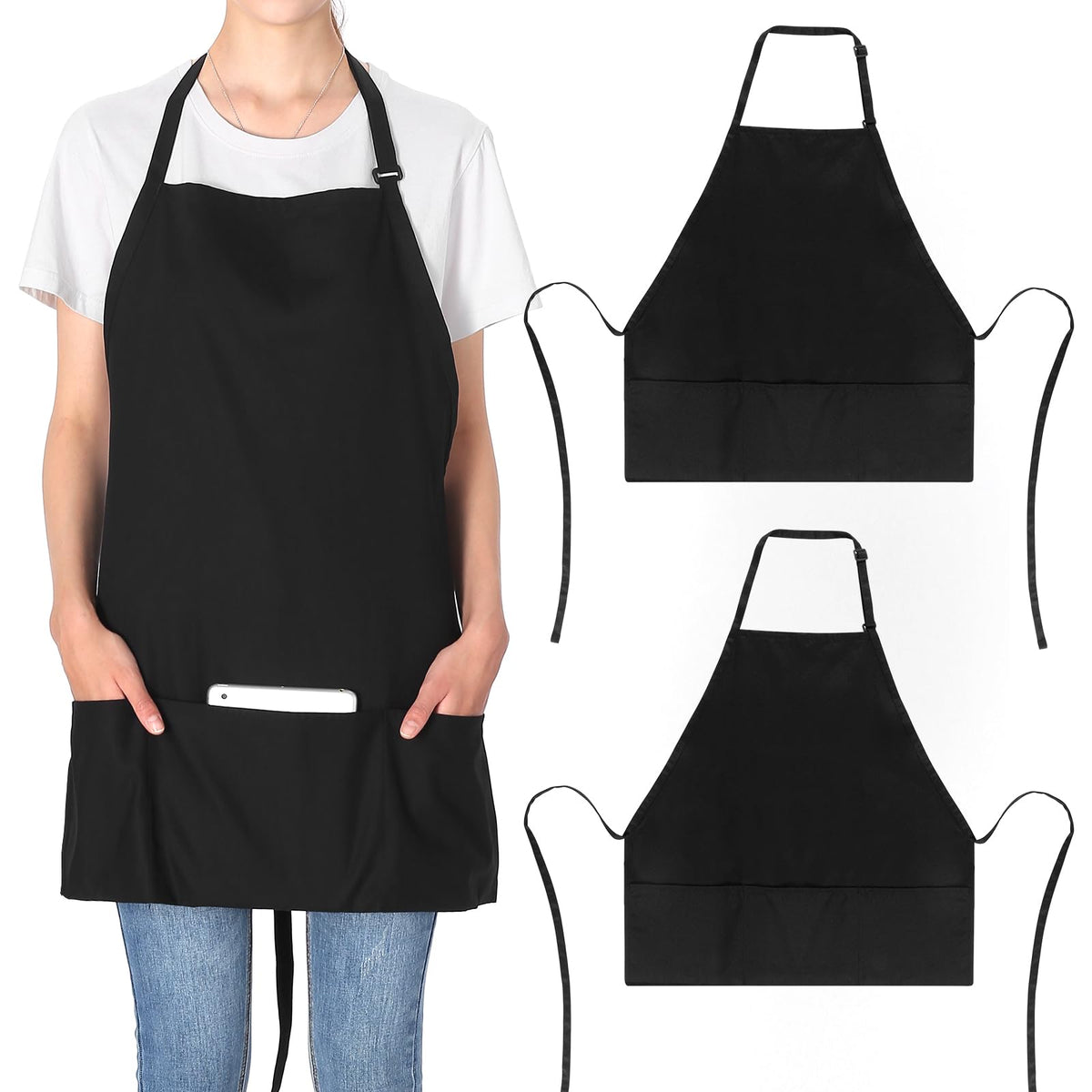 Jubatus 2 Pack 3 Pockets Adjustable Bib Apron Chef Kitchen Cooking Aprons for Women Men, Black