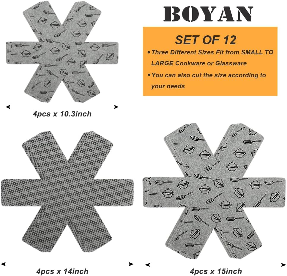 BOYAN Pot and Pan Protectors for Stacking, 12pcs & 3 Sizes, Separator Pads