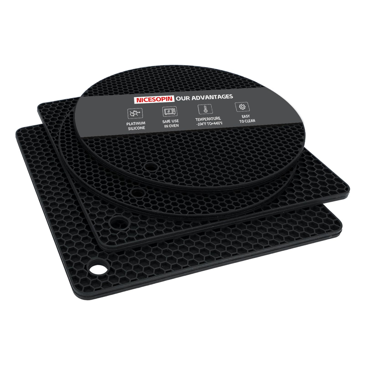 4 Pack Silicone Pot Holders & Hot Pads - Heat Resistant Non-Slip Mats for Kitchen Countertops, Trivets for Hot Dishes, Dishwasher Safe & BPA-Free (Black)