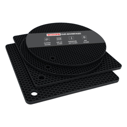 4 Pack Silicone Pot Holders & Hot Pads - Heat Resistant Non-Slip Mats for Kitchen Countertops, Trivets for Hot Dishes, Dishwasher Safe & BPA-Free (Black)