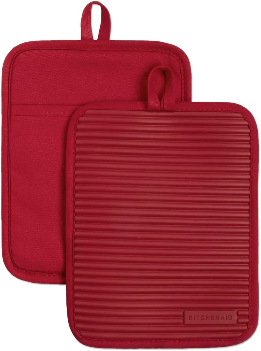 KITCHENAID Ribbed Soft Silicone Pot Holder 2-Pack Set, Matte Black, 7"x9"