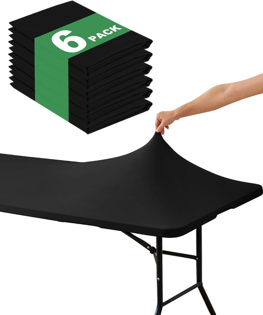 Fitted Tablecloth Rectangle Table Cloths with Elastic, 6 ft, Black, 6 Pack