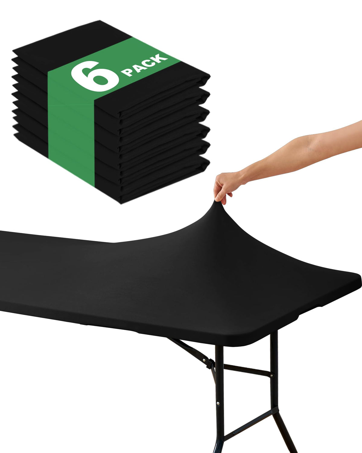 Fitted Tablecloth Rectangle Table Cloths with Elastic, 6 ft, Black, 6 Pack