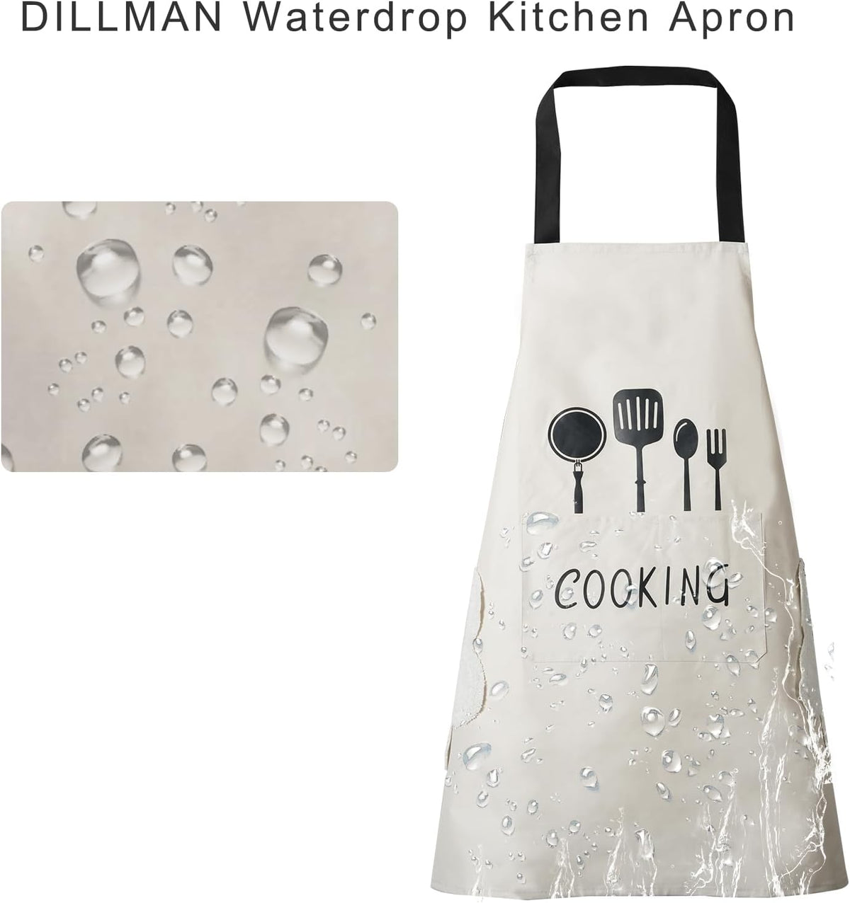 DILLMAN Women Kitchen Apron with Hand Wipe Pockets，Big Pocket,Hand-wiping, Waterproof for Cooking Baking