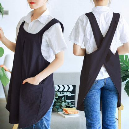 NEWGEM Japanese Cotton Linen Cross Back Cooking Apron for Women Men with Pockets Cute for Baking Kitchen