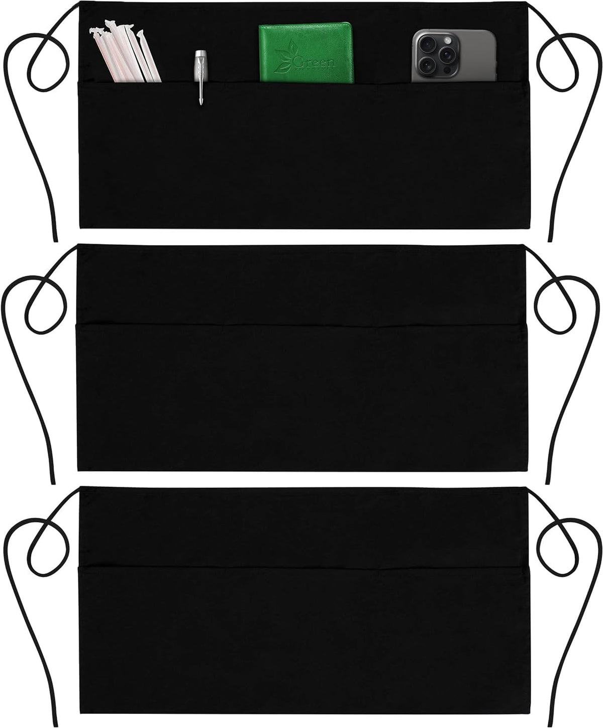 GREEN LIFESTYLE Server Aprons with 3 Pockets - Waist Apron, Waitress Apron for Women and Man, Water Resistant with Long Waist Strap Reinforced Seams, Half Apron (12 Pack - Black)