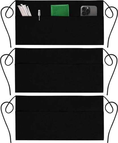GREEN LIFESTYLE Server Aprons with 3 Pockets - Waist Apron, Waitress Apron for Women and Man, Water Resistant with Long Waist Strap Reinforced Seams, Half Apron (12 Pack - Black)