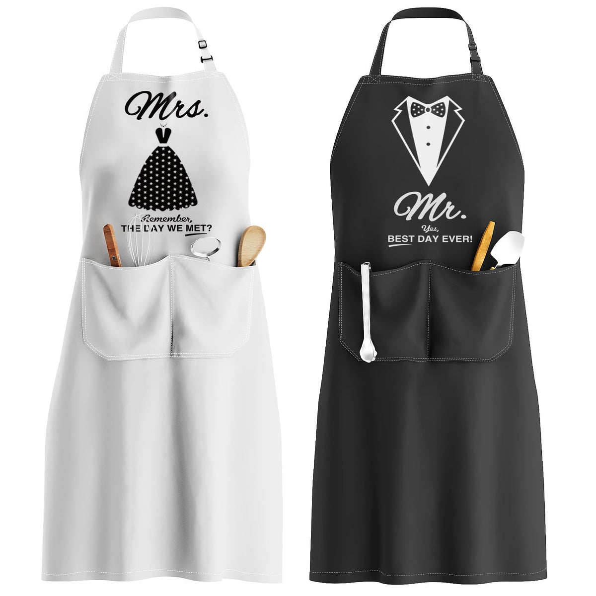 King & Queen Apron Set - Matching Couples Kitchen Aprons with Deep Pockets & Reinforced Stitching - Waterproof Professional Cooking Gear for Wedding, Engagement, Bridal Shower, Valentines, Christmas