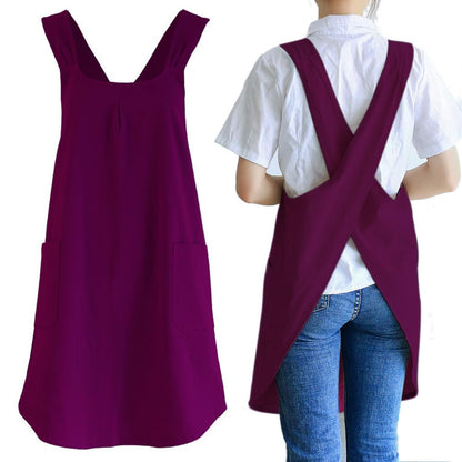 NEWGEM Japanese Cotton Linen Cross Back Cooking Apron for Women Men with Pockets Cute for Baking Kitchen