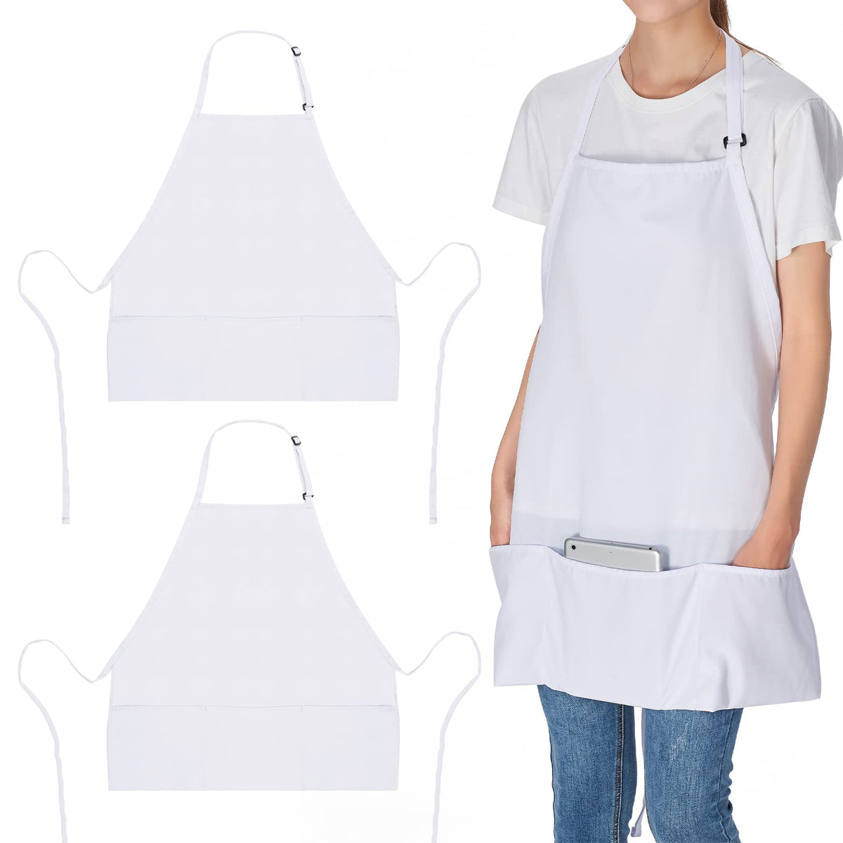 Jubatus 2 Pack 3 Pockets Adjustable Bib Apron Chef Kitchen Cooking Aprons for Women Men, Black