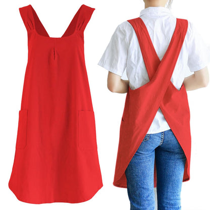 NEWGEM Japanese Cotton Linen Cross Back Cooking Apron for Women Men with Pockets Cute for Baking Kitchen