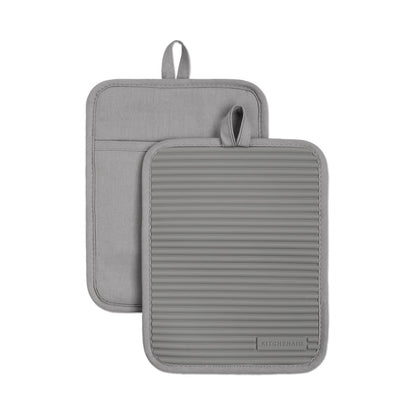 KITCHENAID Ribbed Soft Silicone Pot Holder 2-Pack Set, Matte Black, 7"x9"
