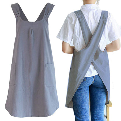 NEWGEM Japanese Cotton Linen Cross Back Cooking Apron for Women Men with Pockets Cute for Baking Kitchen