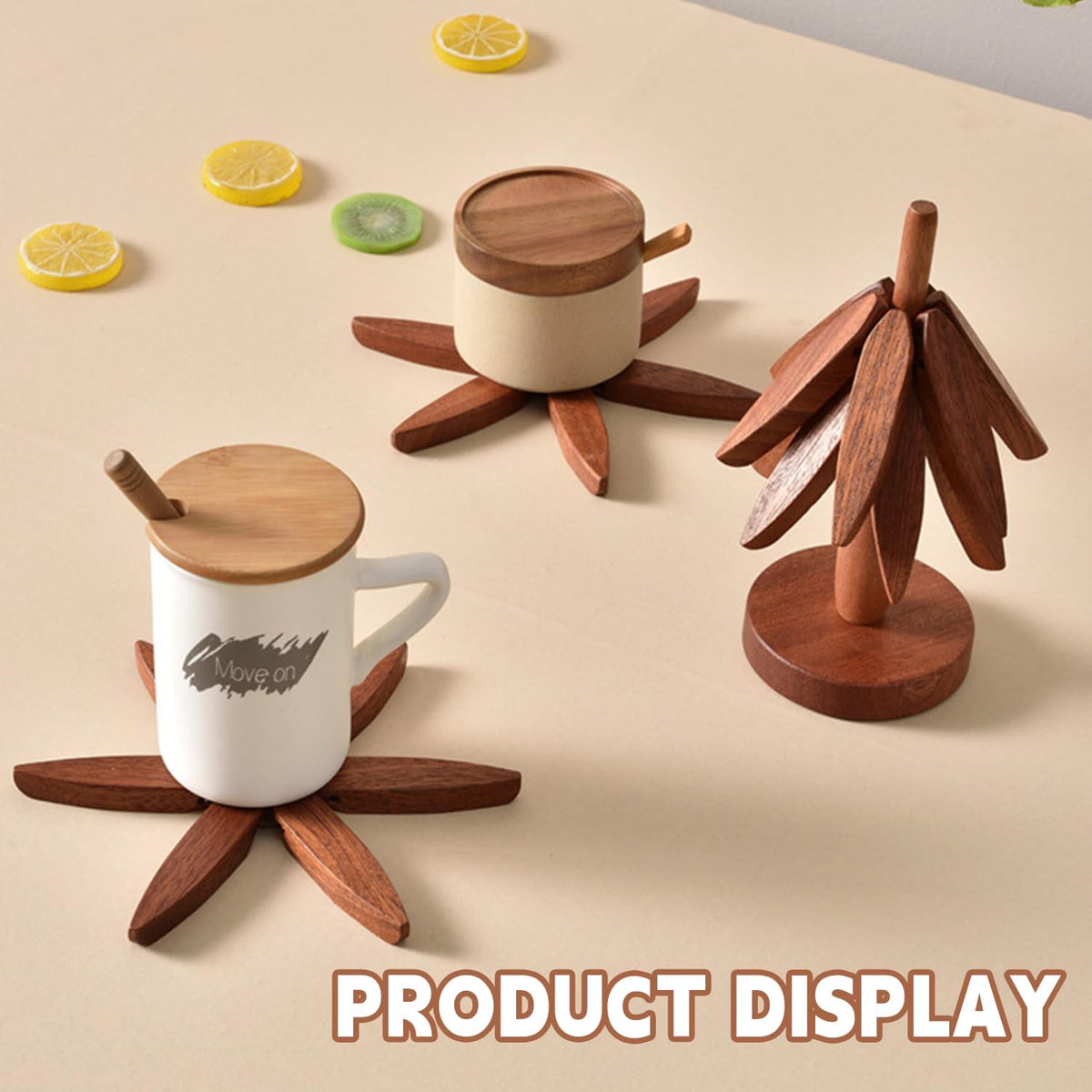 Wooden Trivets for Hot Dishes, Tree Shape Trivet Set, 4 Walnut Wood + 1 Stand stored Like a Christmas Tree,Foldable Kitchen Wooden Trivet,for Hot Dishes、Pot、Bowl、Teapot、Hot Pot Holder(Brown)