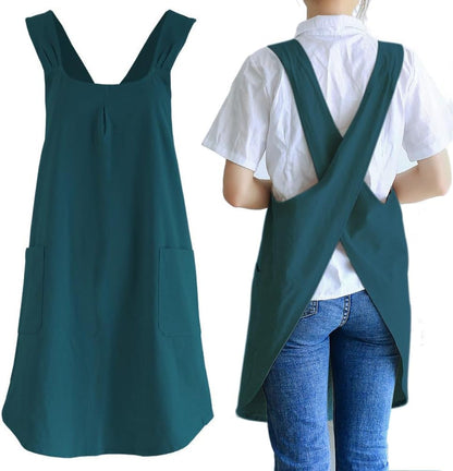 NEWGEM Japanese Cotton Linen Cross Back Cooking Apron for Women Men with Pockets Cute for Baking Kitchen