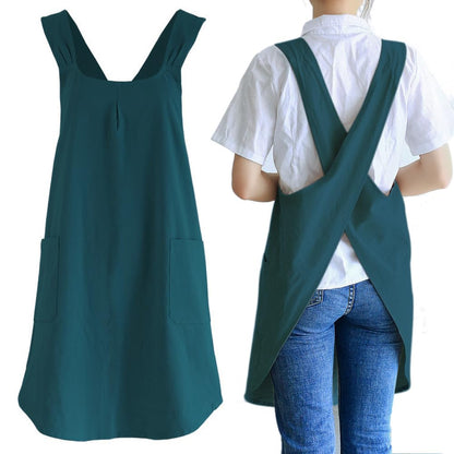 NEWGEM Japanese Cotton Linen Cross Back Cooking Apron for Women Men with Pockets Cute for Baking Kitchen
