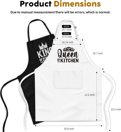 King & Queen Apron Set - Matching Couples Kitchen Aprons with Deep Pockets & Reinforced Stitching - Waterproof Professional Cooking Gear for Wedding, Engagement, Bridal Shower, Valentines, Christmas