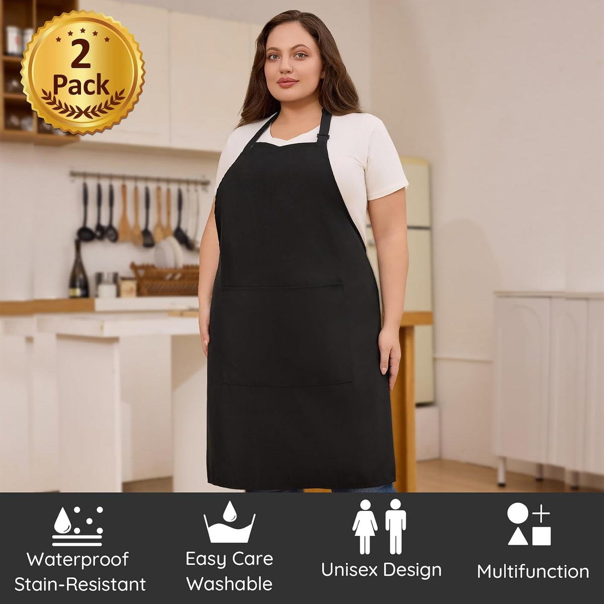 2 Pack Plus Size Waterproof Cooking Chef Apron with 2 Pockets for Men Women