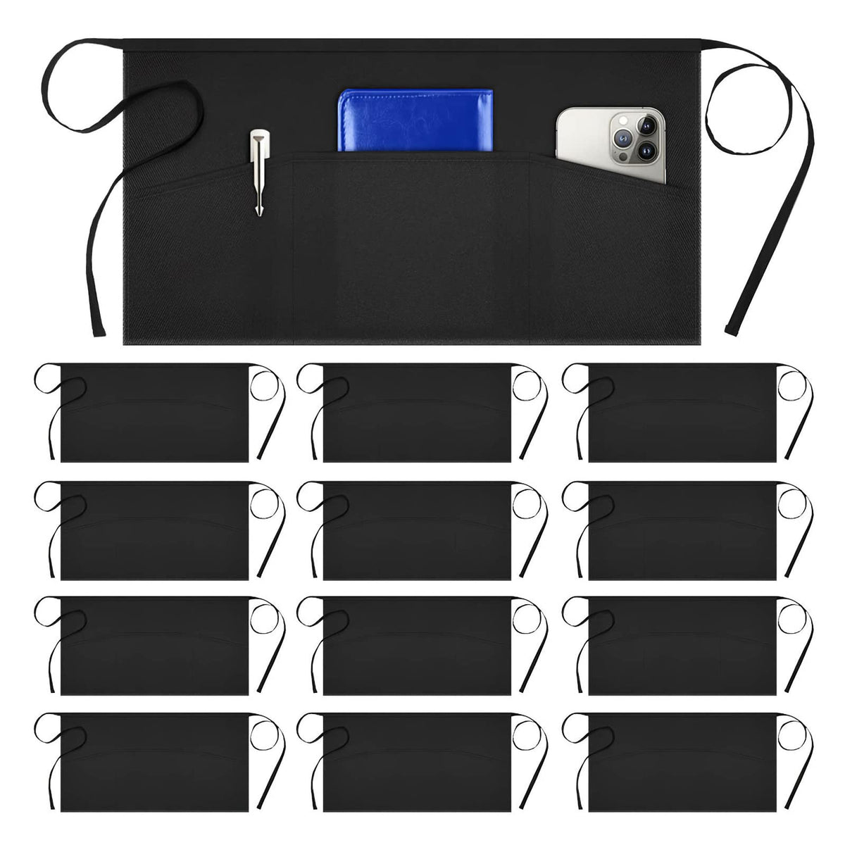 Syntus 3 Pack Cotton Server Apron with Pockets for Women, Black Waist Apron