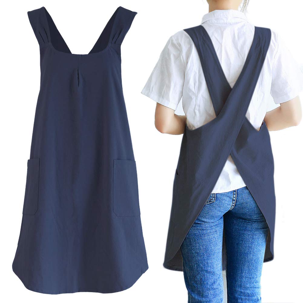 NEWGEM Japanese Cotton Linen Cross Back Cooking Apron for Women Men with Pockets Cute for Baking Kitchen