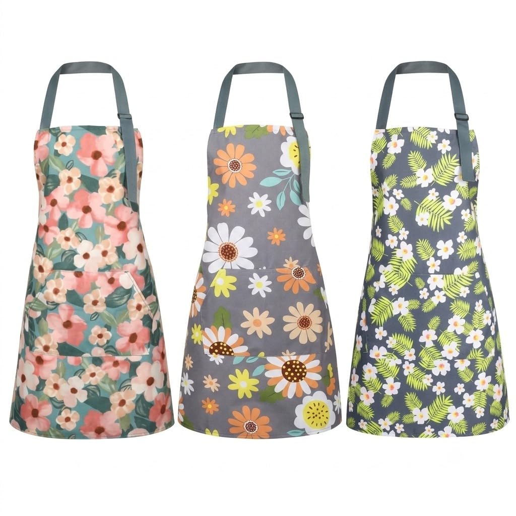 BOUMUSOE 3 Pack Floral Aprons with Pocket, Blooming Womens Aprons Waterproof Adjustable Cooking Apron for Kitchen Gardening