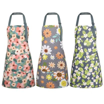 BOUMUSOE 3 Pack Floral Aprons with Pocket, Blooming Womens Aprons Waterproof Adjustable Cooking Apron for Kitchen Gardening