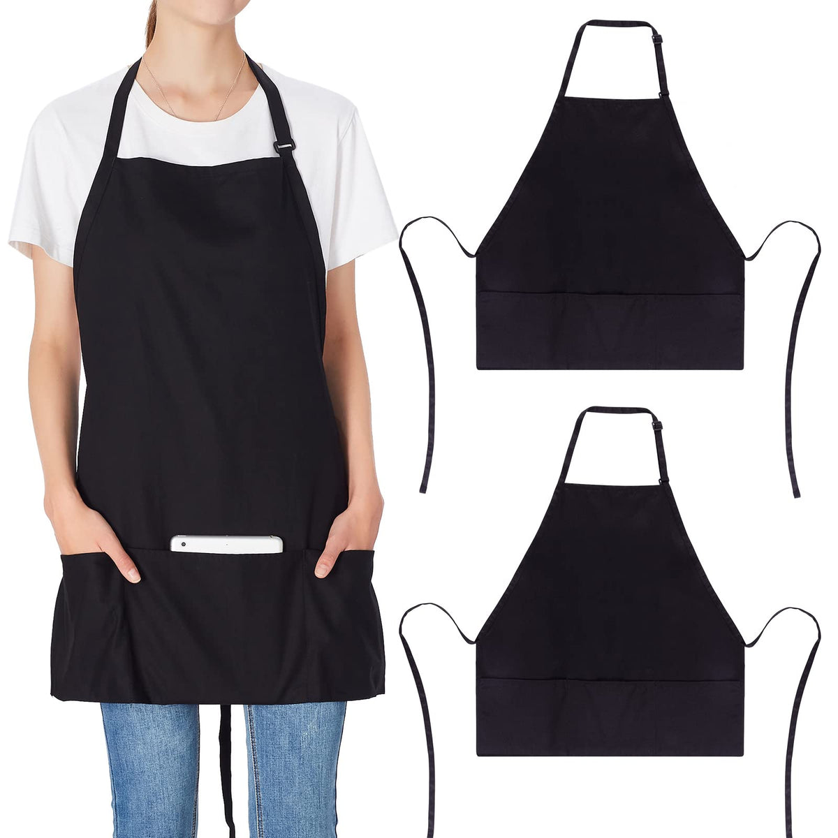 Jubatus 2 Pack 3 Pockets Adjustable Bib Apron Chef Kitchen Cooking Aprons for Women Men, Black