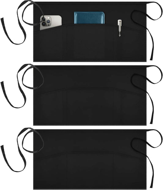 Syntus 3 Pack Cotton Server Apron with Pockets for Women, Black Waist Apron