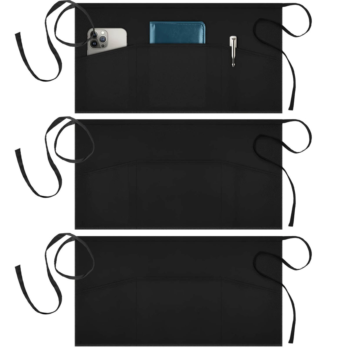 Syntus 3 Pack Cotton Server Apron with Pockets for Women, Black Waist Apron