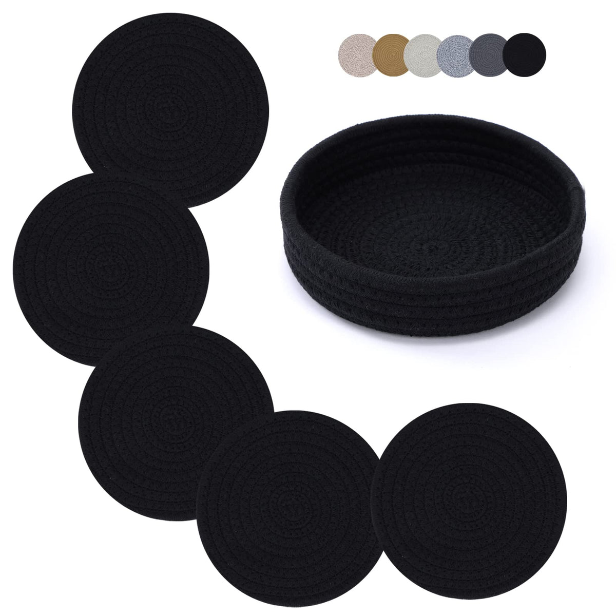 Coga Trivets for Hot Dishes, 4 Pack 7 Inch Cotton Hot Pads for Kitchen with Storage Basket, Round Pot Holders for Kitchen, Heat Resistant Mats for Countertop, Pots and Pans, Farmhouse Decor, Brown