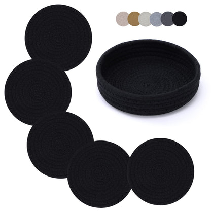 Coga Trivets for Hot Dishes, 4 Pack 7 Inch Cotton Hot Pads for Kitchen with Storage Basket, Round Pot Holders for Kitchen, Heat Resistant Mats for Countertop, Pots and Pans, Farmhouse Decor, Brown