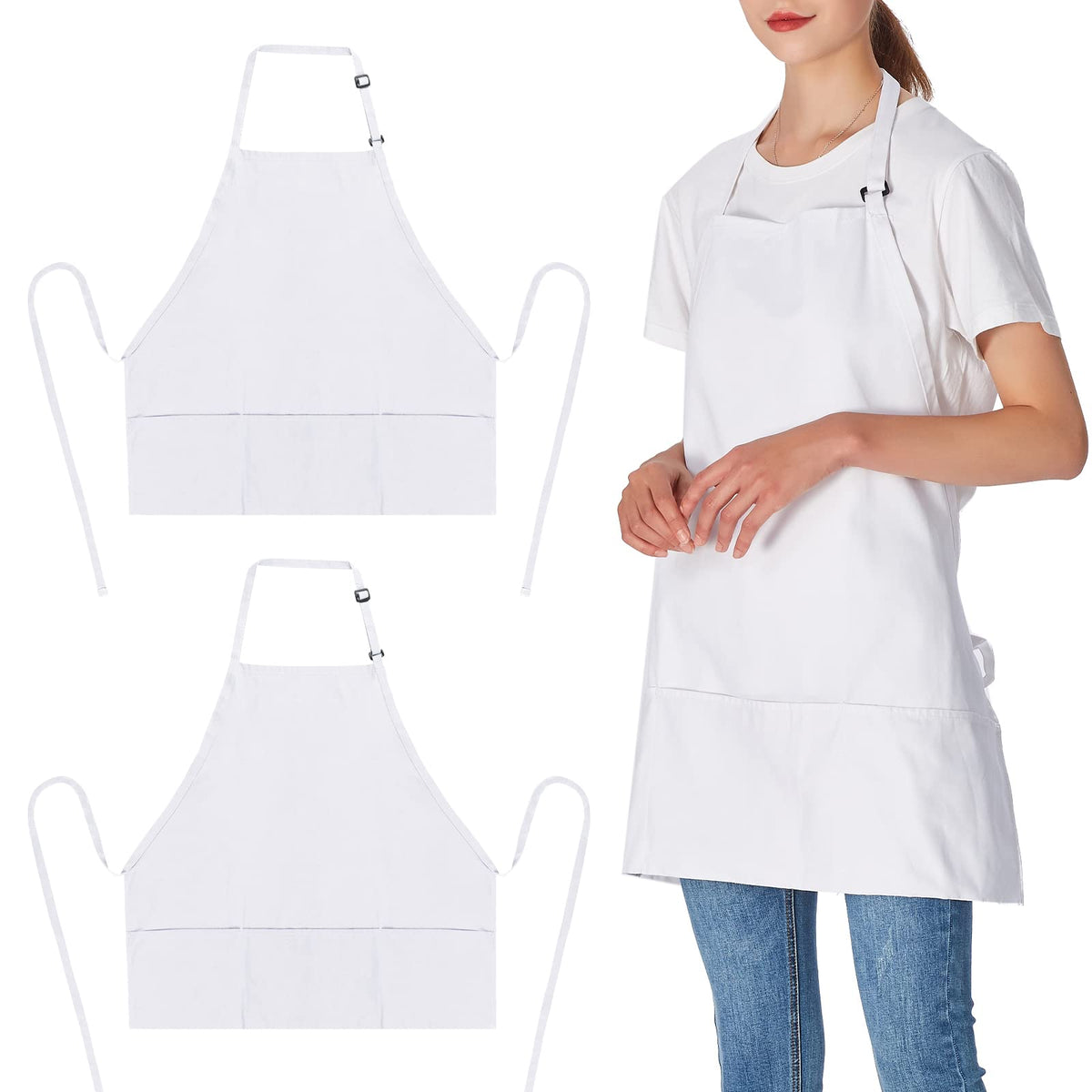 Jubatus 2 Pack 3 Pockets Adjustable Bib Apron Chef Kitchen Cooking Aprons for Women Men, Black