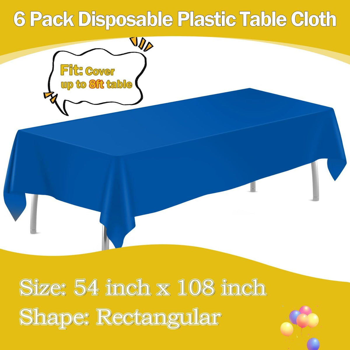 tujol Royal Blue 6 Pack Plastic Table Cloth 54" x 108", Disposable Tablecloths Rectangle Table Cover, Plastic Tablecloths for Parties