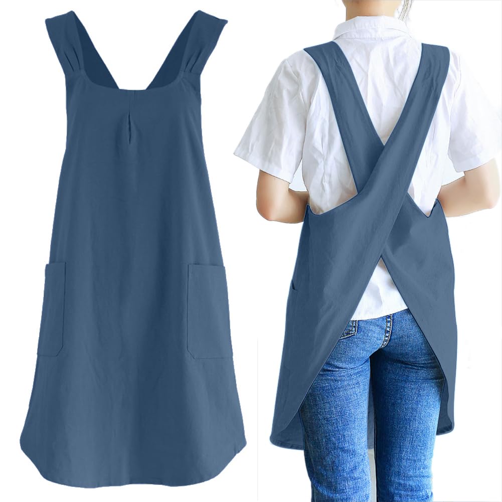 NEWGEM Japanese Cotton Linen Cross Back Cooking Apron for Women Men with Pockets Cute for Baking Kitchen