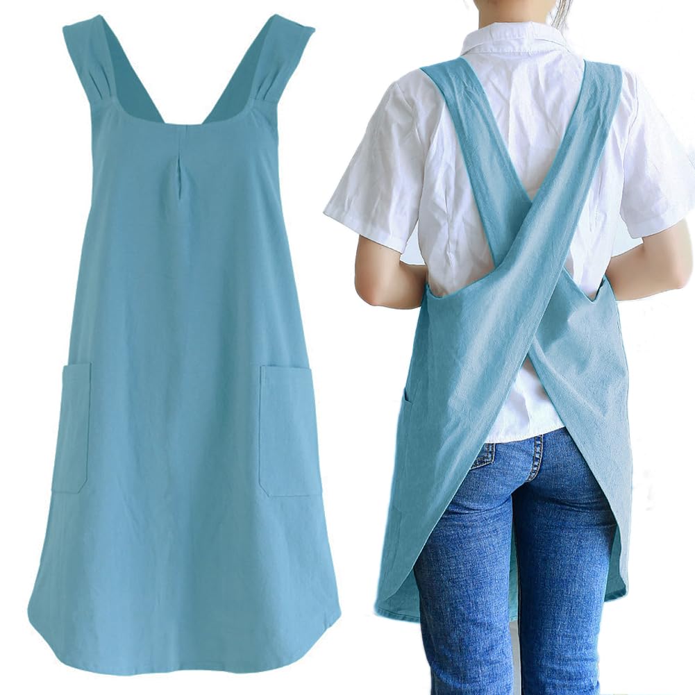 NEWGEM Japanese Cotton Linen Cross Back Cooking Apron for Women Men with Pockets Cute for Baking Kitchen