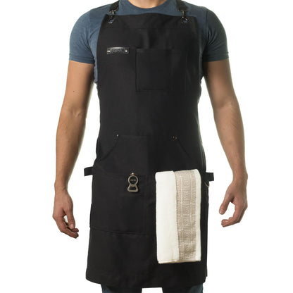 Asaya Chef and BBQ Apron with Bottle Opener and Hand Towel - 10oz Cotton Canvas, Stainless Steel Hardware - Cross Back Straps